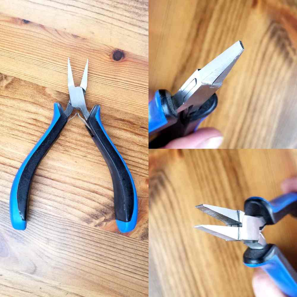 Flat nose pliers have slightly tapered jaws with flat angular tips, as shown here. These pliers are essential for making sharp angles on wire. 