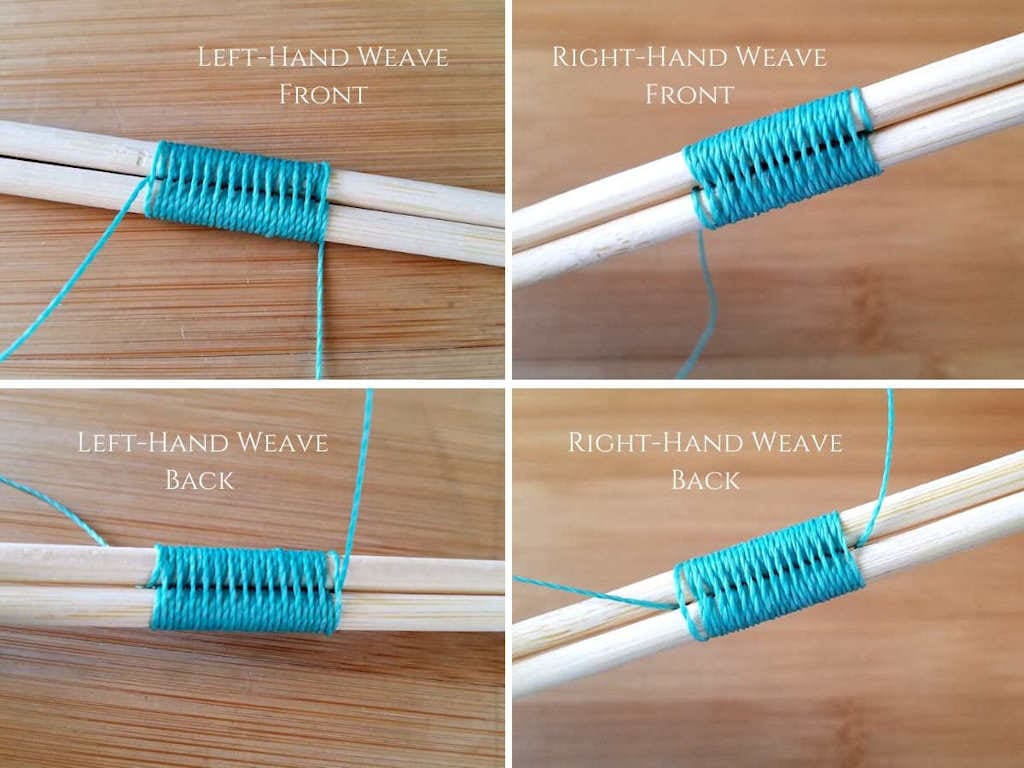This image shows a comparison of left-handed and right-handed Modified Soumak weaves. It also shows the front and back of both weaves. The differences in the case of this particular weave are very subtle -- almost indistinguishable. 